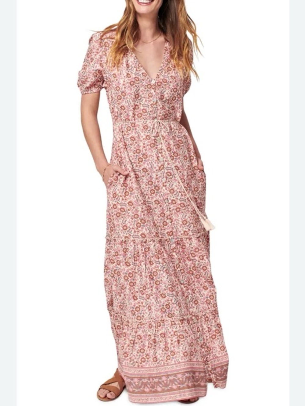 Faherty Orinda Floral Maxi Dress Pink Boho Short Sleeve NWT Size L Flowy Summer